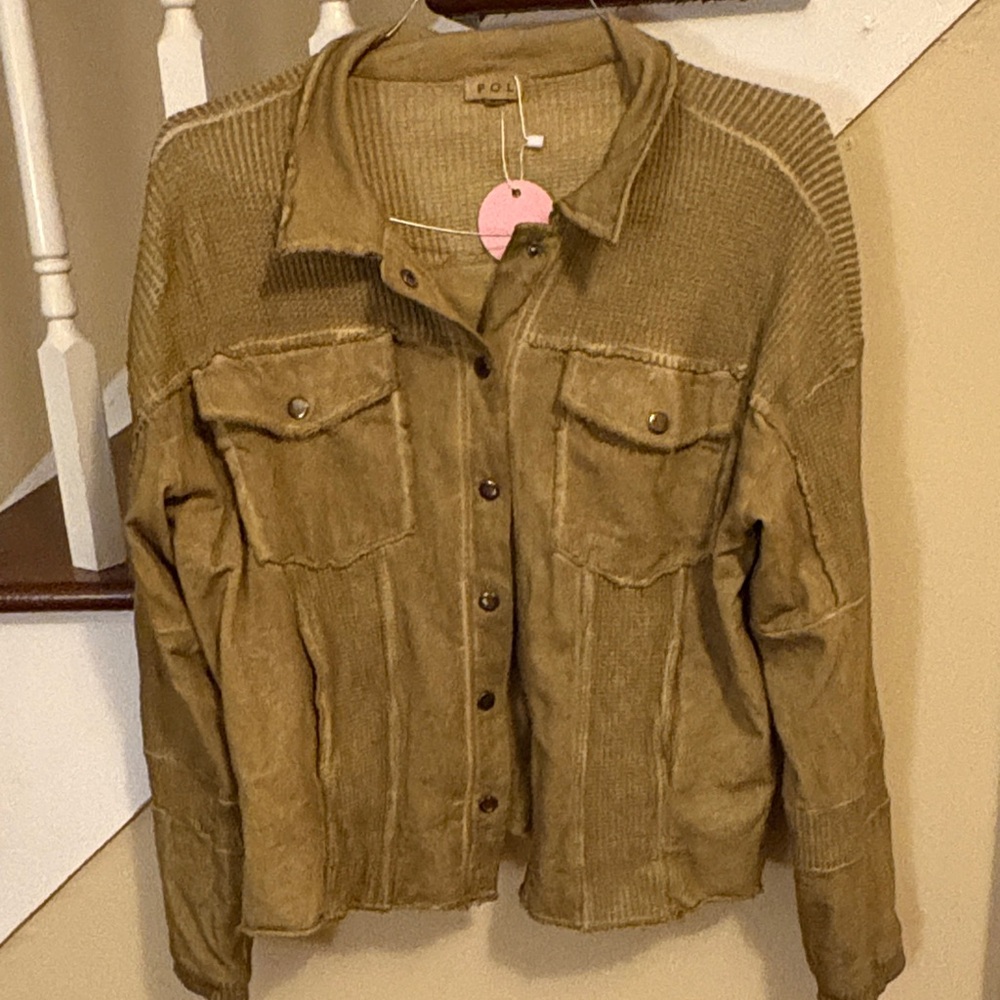 POL Corduroy Button-Front Shirt Jacket in Olive